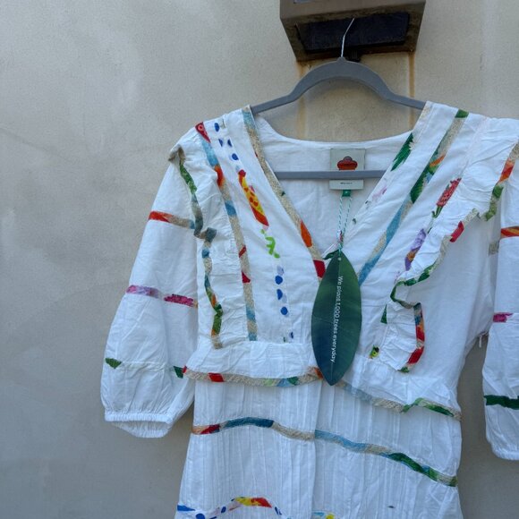 NWT Farm Rio Midi Dress Mixed Prints Off White V-Neck Short Puff Sleeves Ruffled - Picture 5 of 8